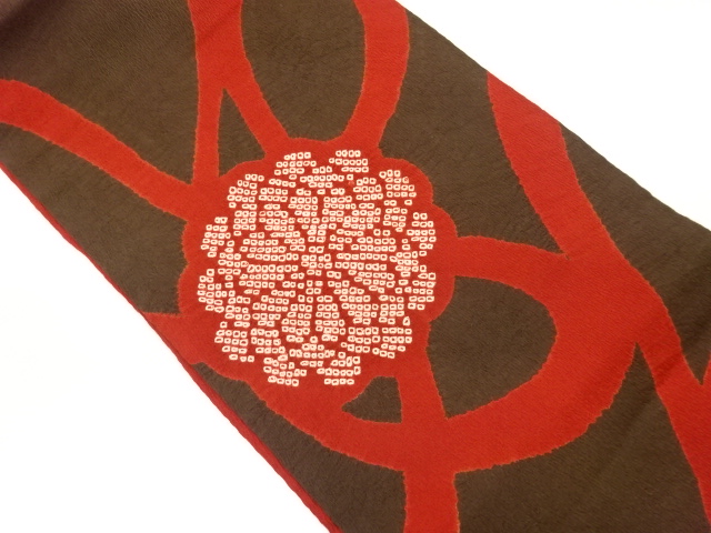 ふくれ織絞り抽象曲線に菊模様開き名古屋帯（額縁仕立て）